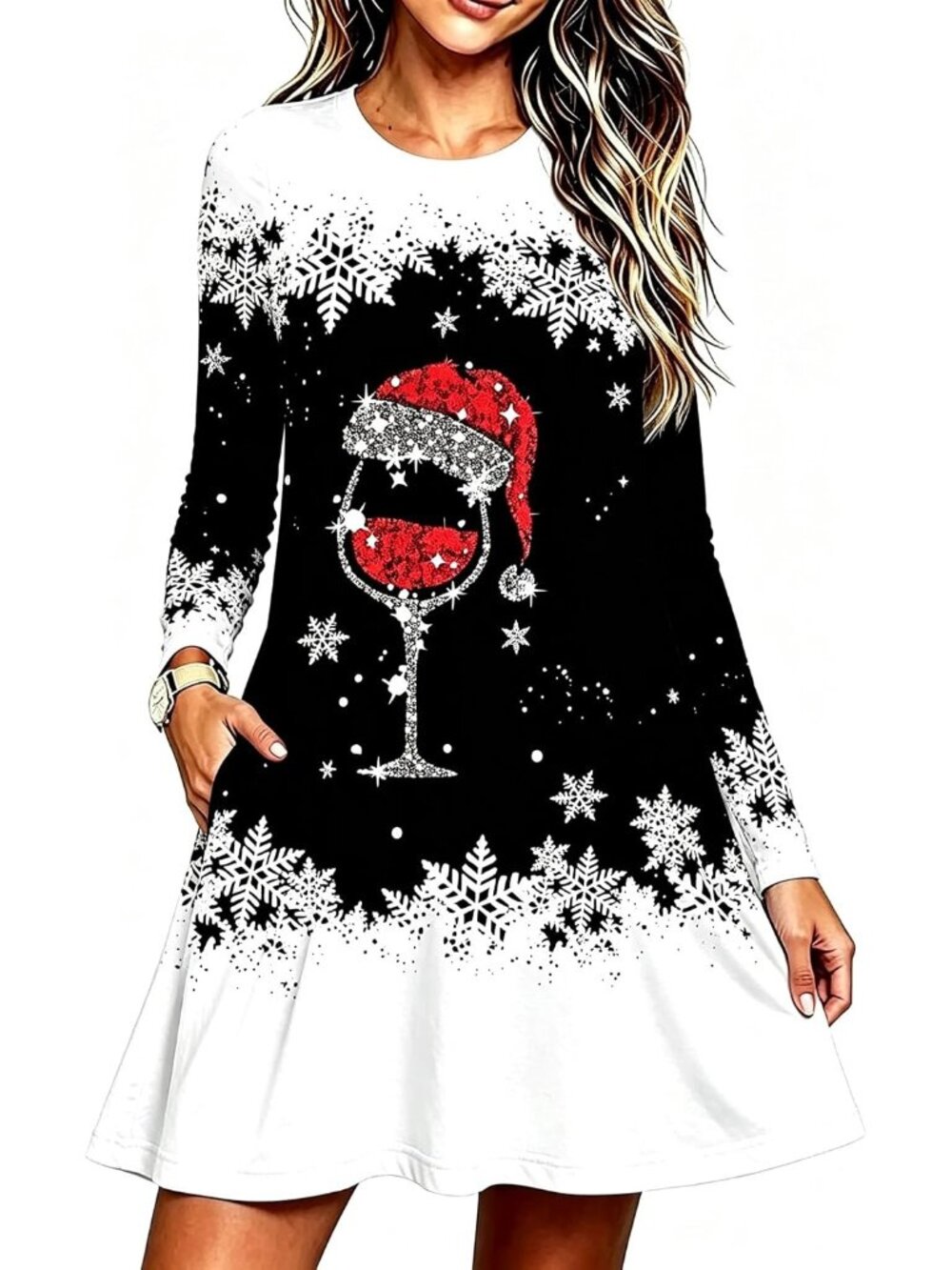 🆕Women's Christmas Wine Glass Santa Hat Snowflake Long Sleeve Swing Dress